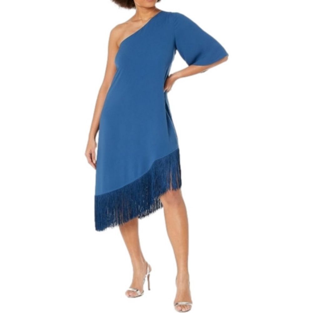 Trina Turk One Shoulder Fringe Dress, Turquoise Womens Gull Sz S NWT